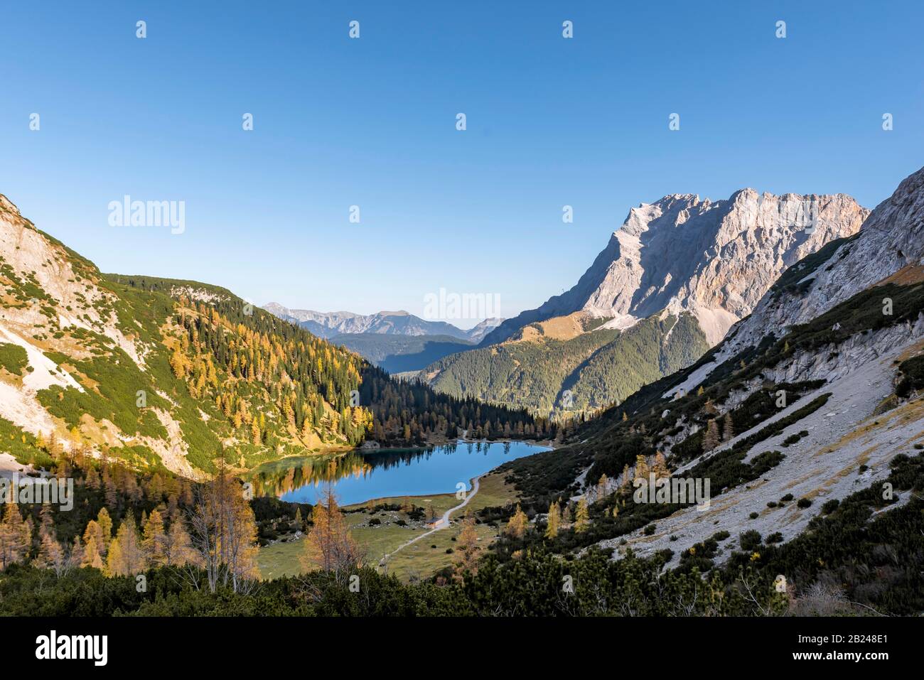 View of Seebensee, behind Zugspitze, Ehrwald, Mieminger Kette, Tyrol, Austria Stock Photo
