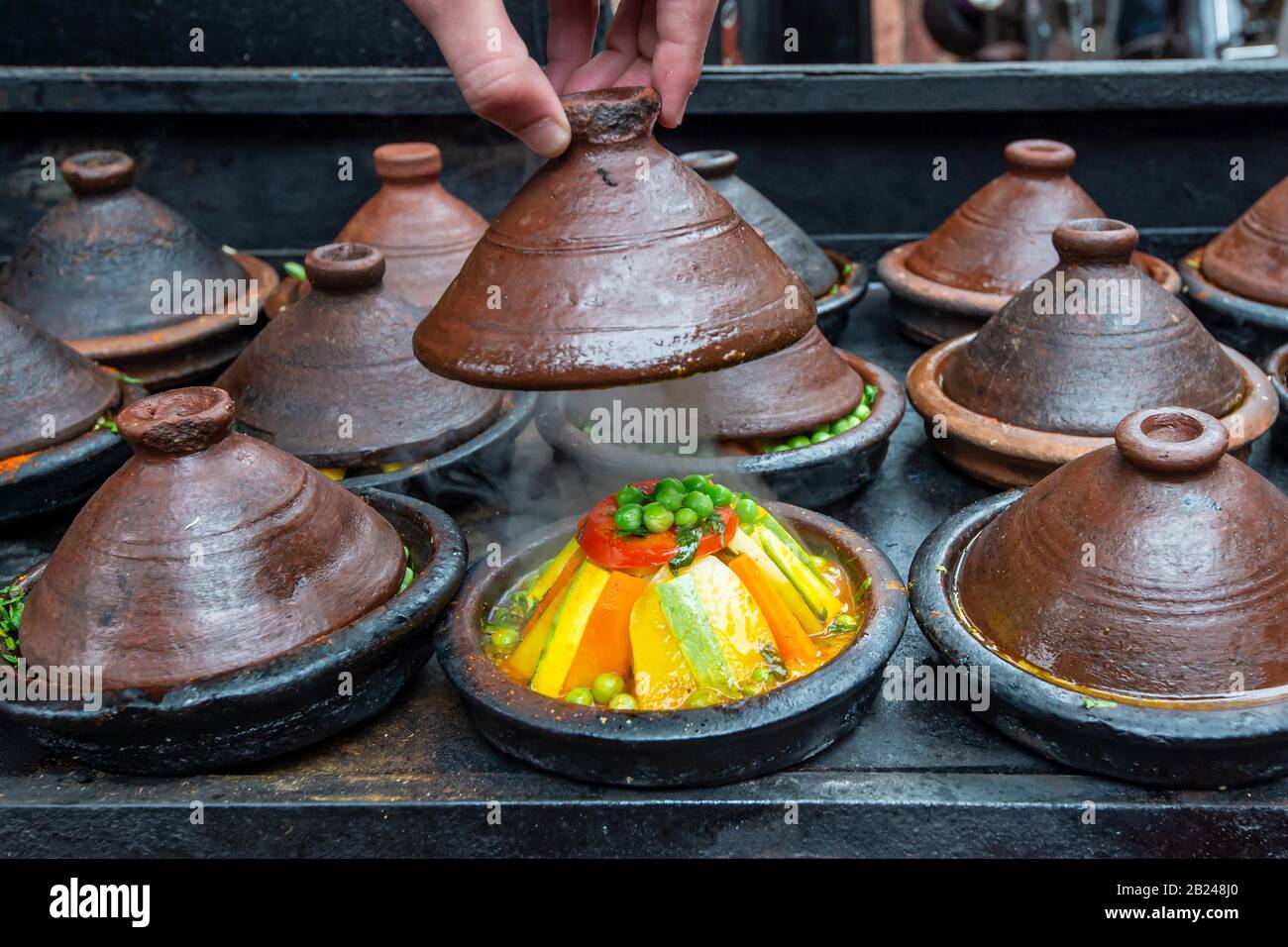 Vegetables prepared in tajine, Marrakech, Morocco Stock Photo