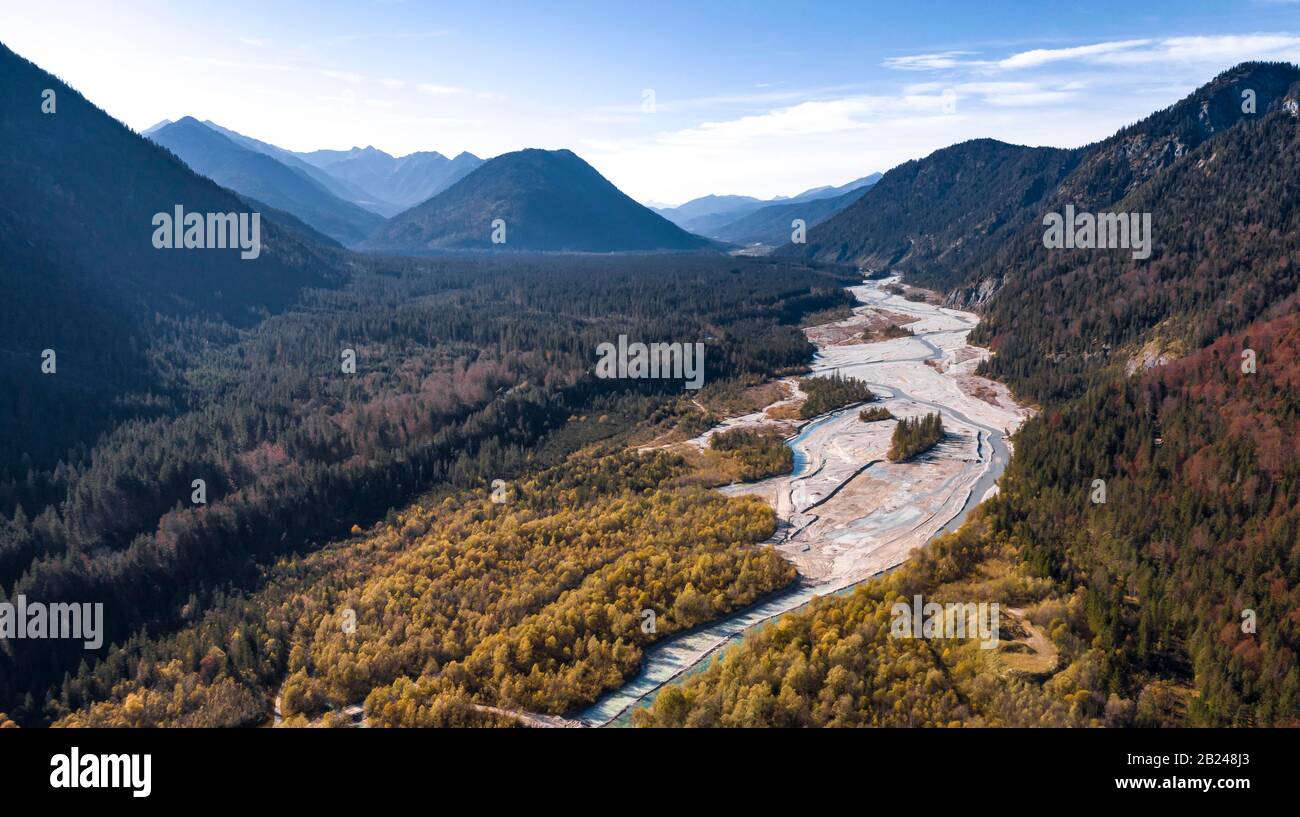 Aerial view, natural riverbed of the upper Isar, wild river landscape Isartal, Bavaria, Germany Stock Photo