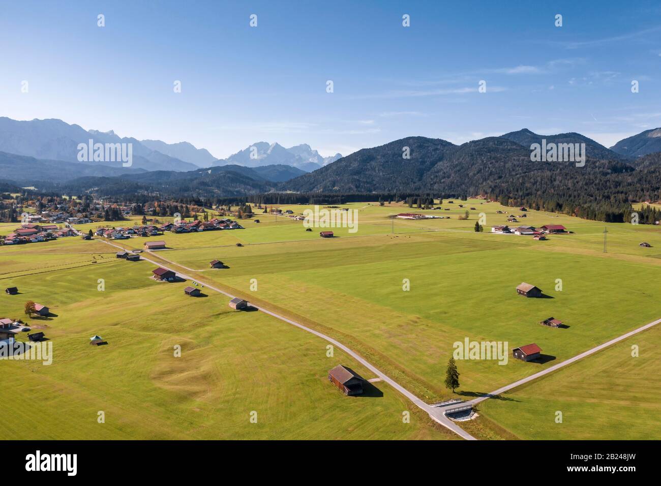 Aerial view, fields with barns, Bavarian foothills of the Alps, Werdenfelser Land, Wetterstein range, Upper Bavaria, Bavaria, Germany Stock Photo