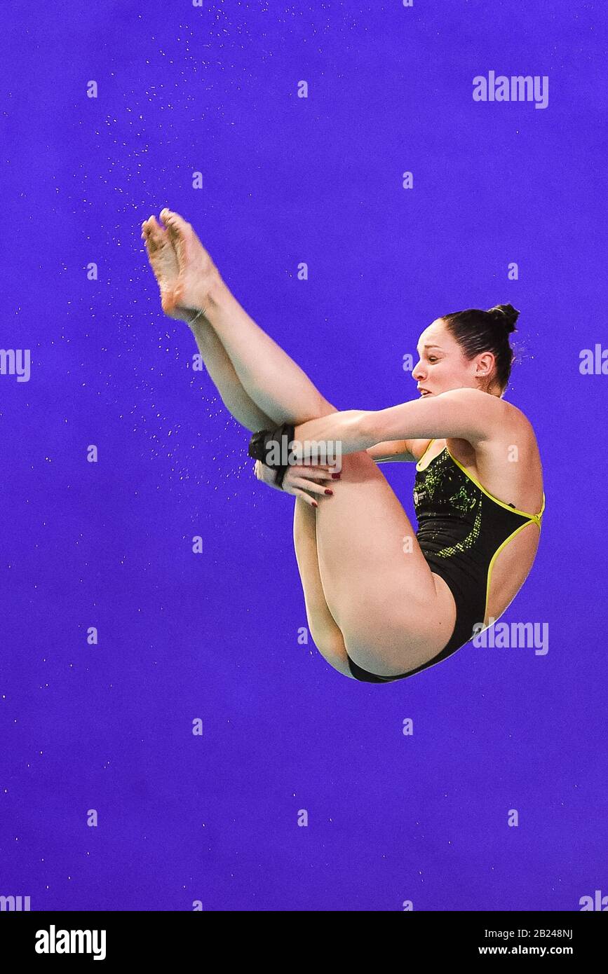 Montreal, Quebec, Canada. February 29, 2020: Celine Van Duijn (NED) dives during the FINA Diving World Series Women's 10m platform semifinal at Olympic Stadium in David Kirouac/CSM Stock Photo