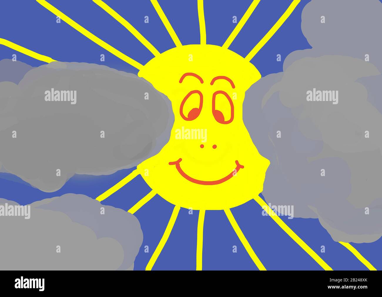 Naive illustration, children's drawing, sun and clouds, Germany Stock Photo