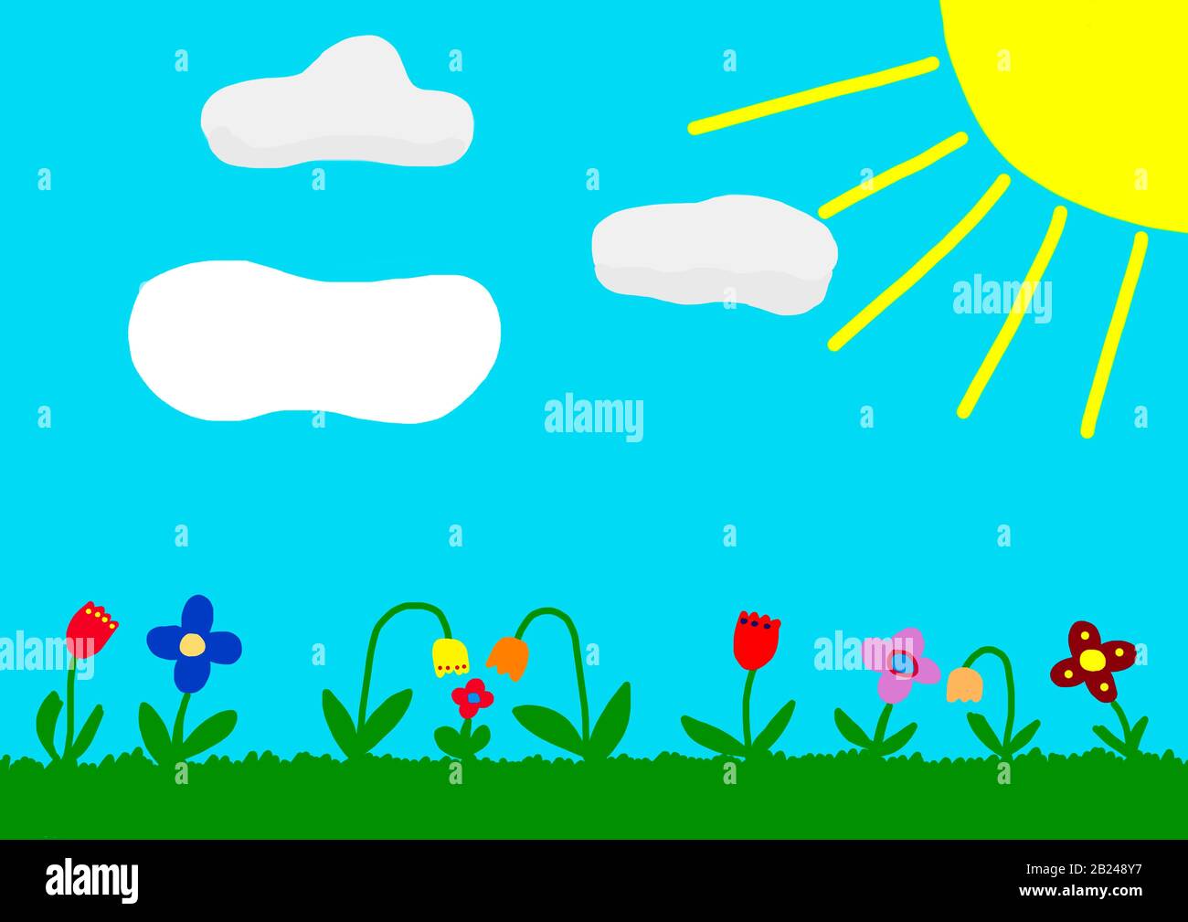 Naive illustration, children's drawing, colourful flower meadow with clouds and sun, Germany Stock Photo