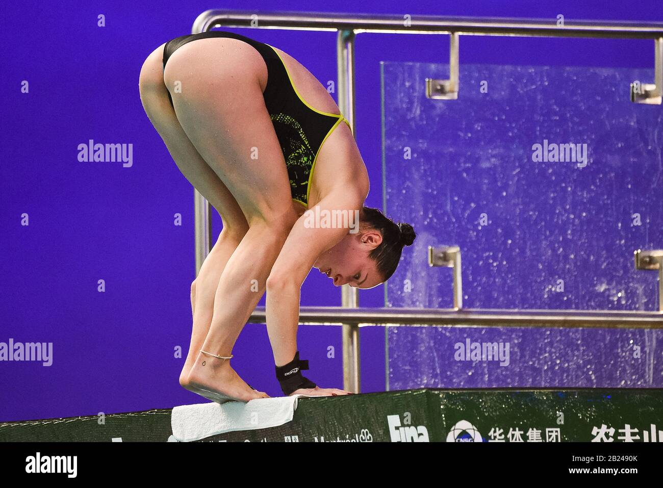 Montreal, Quebec, Canada. February 29, 2020: Celine Van Duijn (NED) dives during the FINA Diving World Series Women's 10m platform semifinal at Olympic Stadium in David Kirouac/CSM Stock Photo