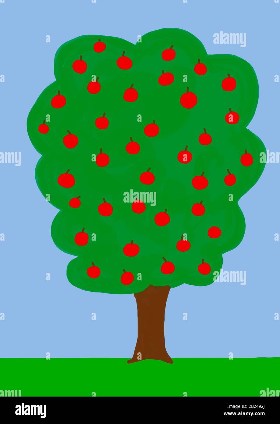 Naive illustration, children's drawing, summer, apple tree, Germany Stock Photo