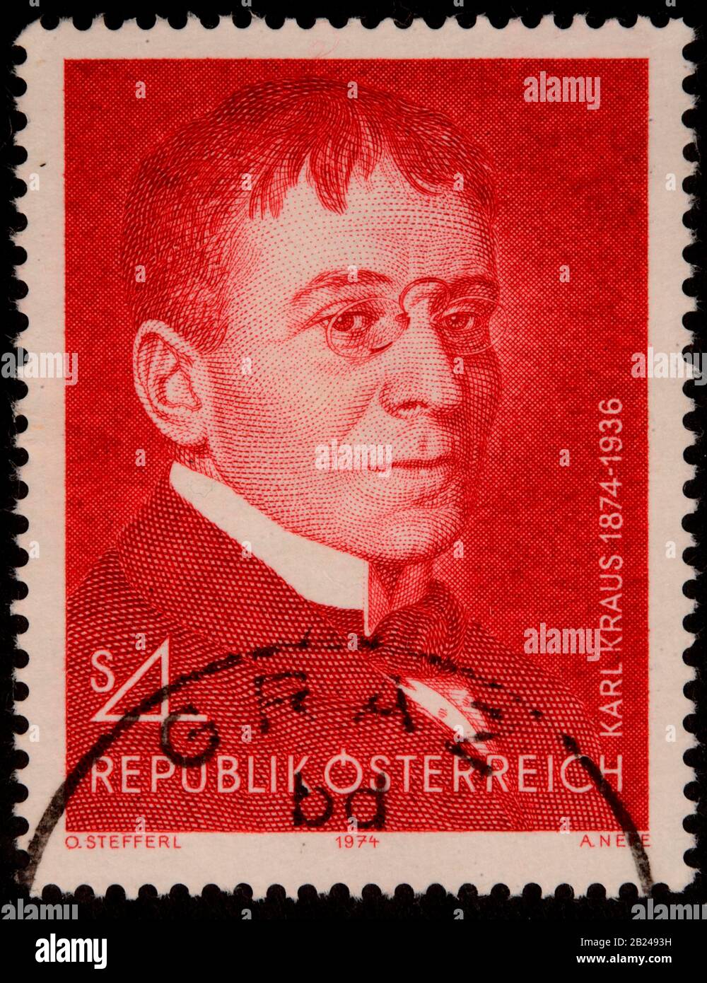 Karl Kraus, an Austrian writer and journalist, portrait on an Austrian stamp Stock Photo