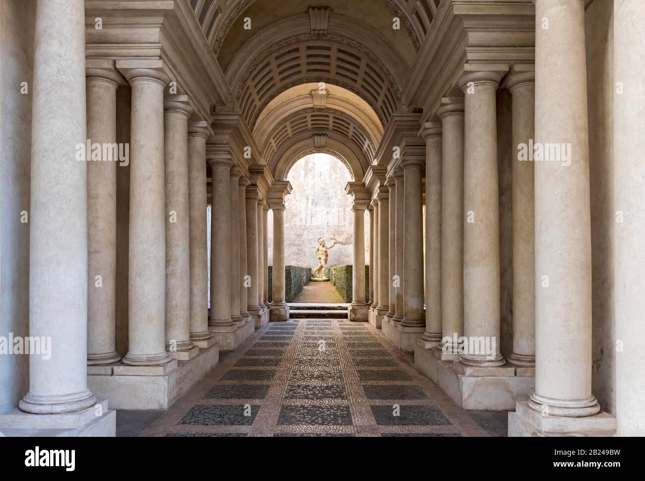 Forced perspective gallery by Francesco Borromini at Palazzo Spada, Rome, Italy Stock Photo