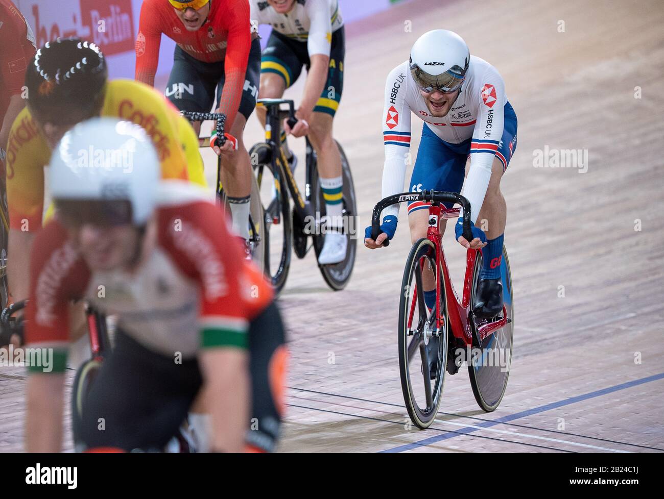 Berlin, Germany. 29th Feb, 2020. Cycling/track, World Championship: Omnium, men, points race, final: Matthew Walls from Great Britain drives from behind the field after winning a lap. Credit: Sebastian Gollnow/dpa/Alamy Live News Stock Photo