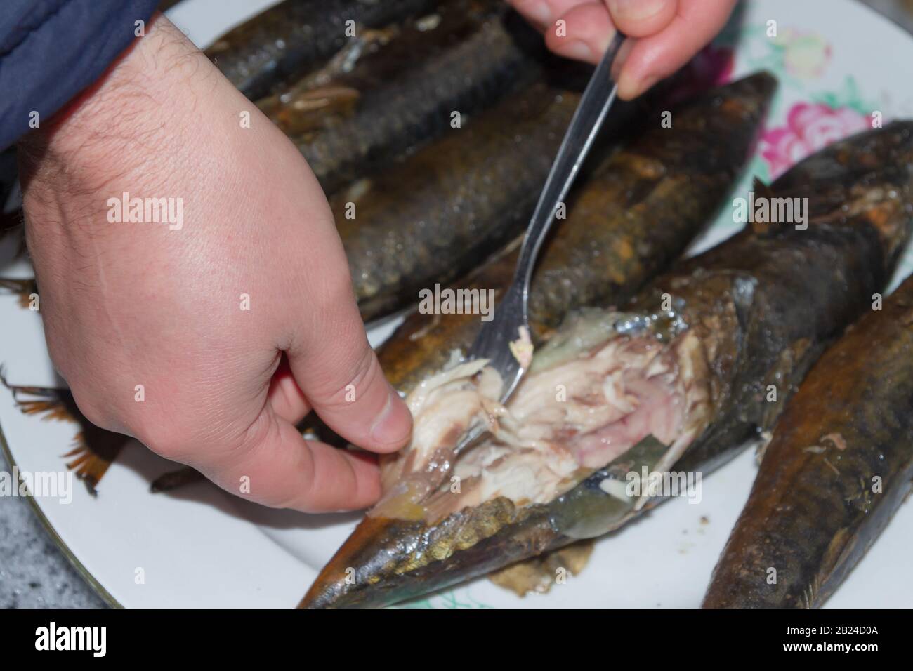 Smoked fresh fish mackerel lies hot on a ceramic plate Stock Photo