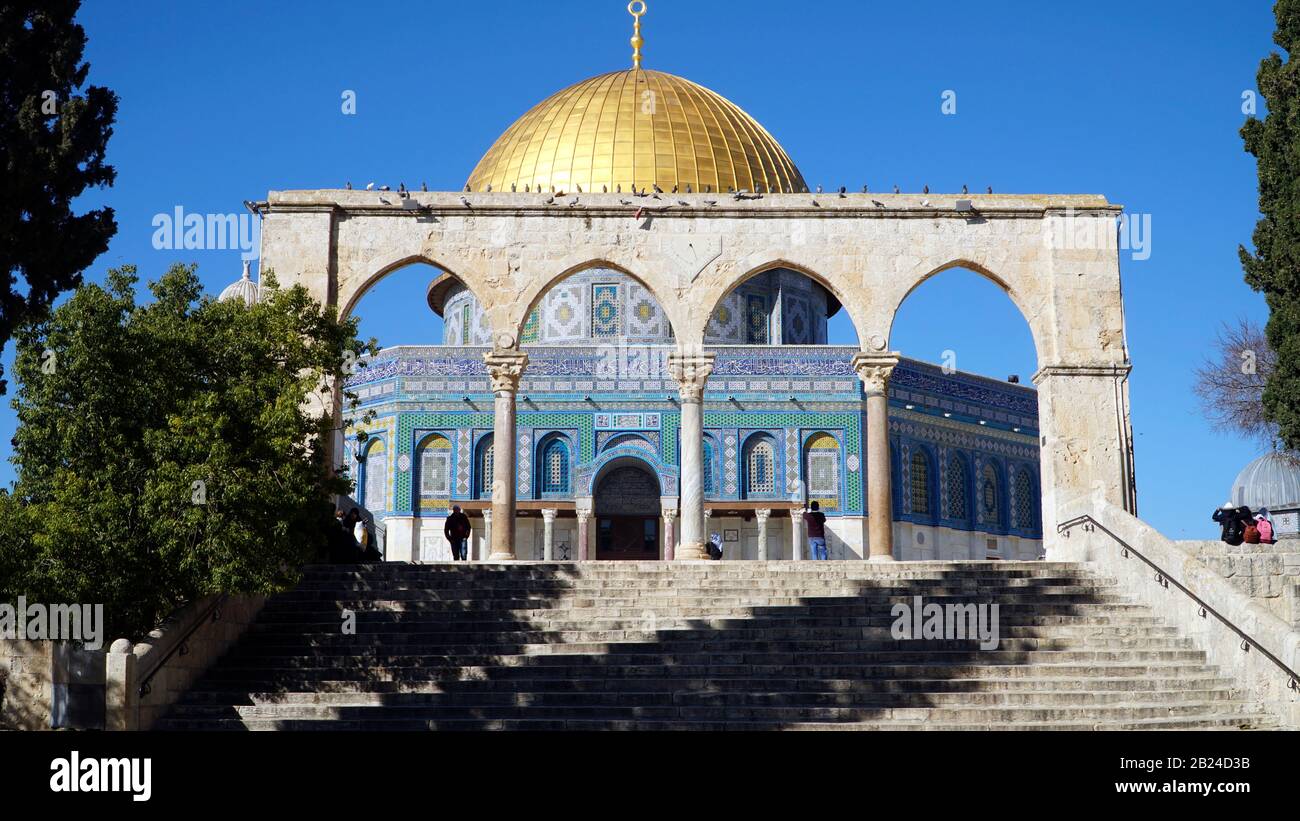 JERUSALEM, ISRAEL - FEBRUARY 1, 2018: Dome of Rock or Qubbat Sakhra in Masjidil Aqsa compound is one of the sacred building for the Jews and Muslim in Stock Photo
