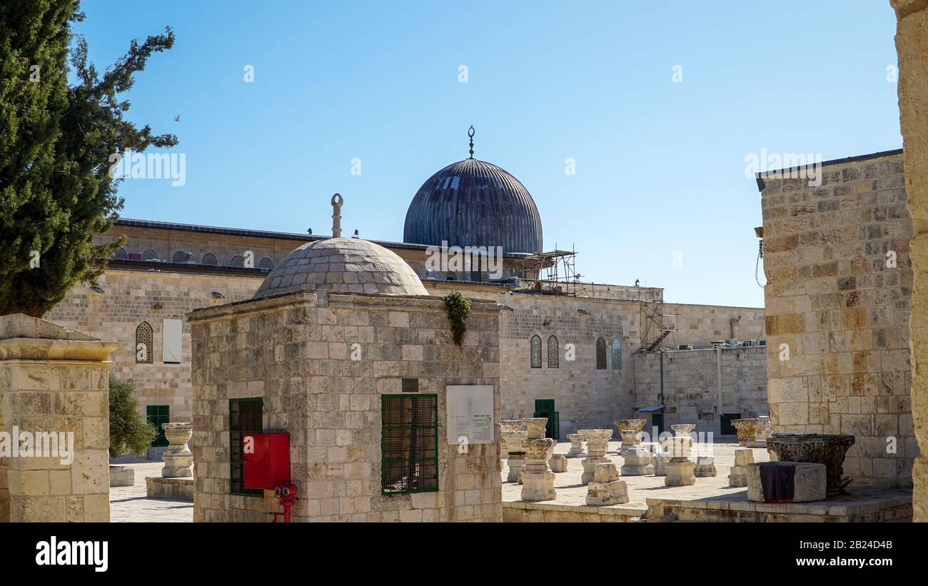 JERUSALEM, ISRAEL - FEBRUARY 2: View of the Mosque of Masjid al-Aqsa on February 2, 2018, Jerusalem, Israel. Al Aksa is the third holiest place of Isl Stock Photo