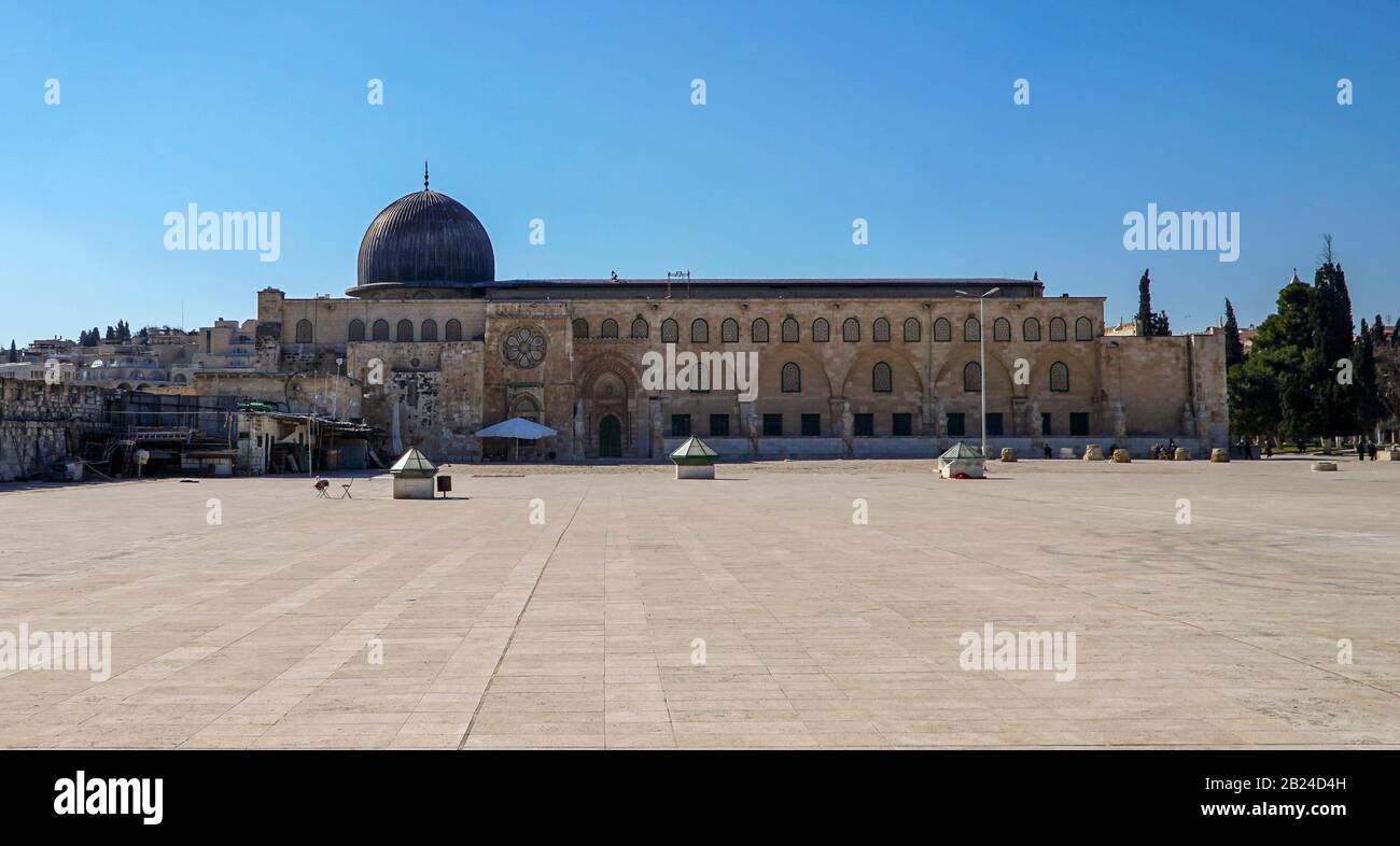 JERUSALEM, ISRAEL - FEBRUARY 1: View of the Mosque of Masjid al-Aqsa on February 1, 2018, Jerusalem, Israel. Al Aksa is the third holiest place of Isl Stock Photo