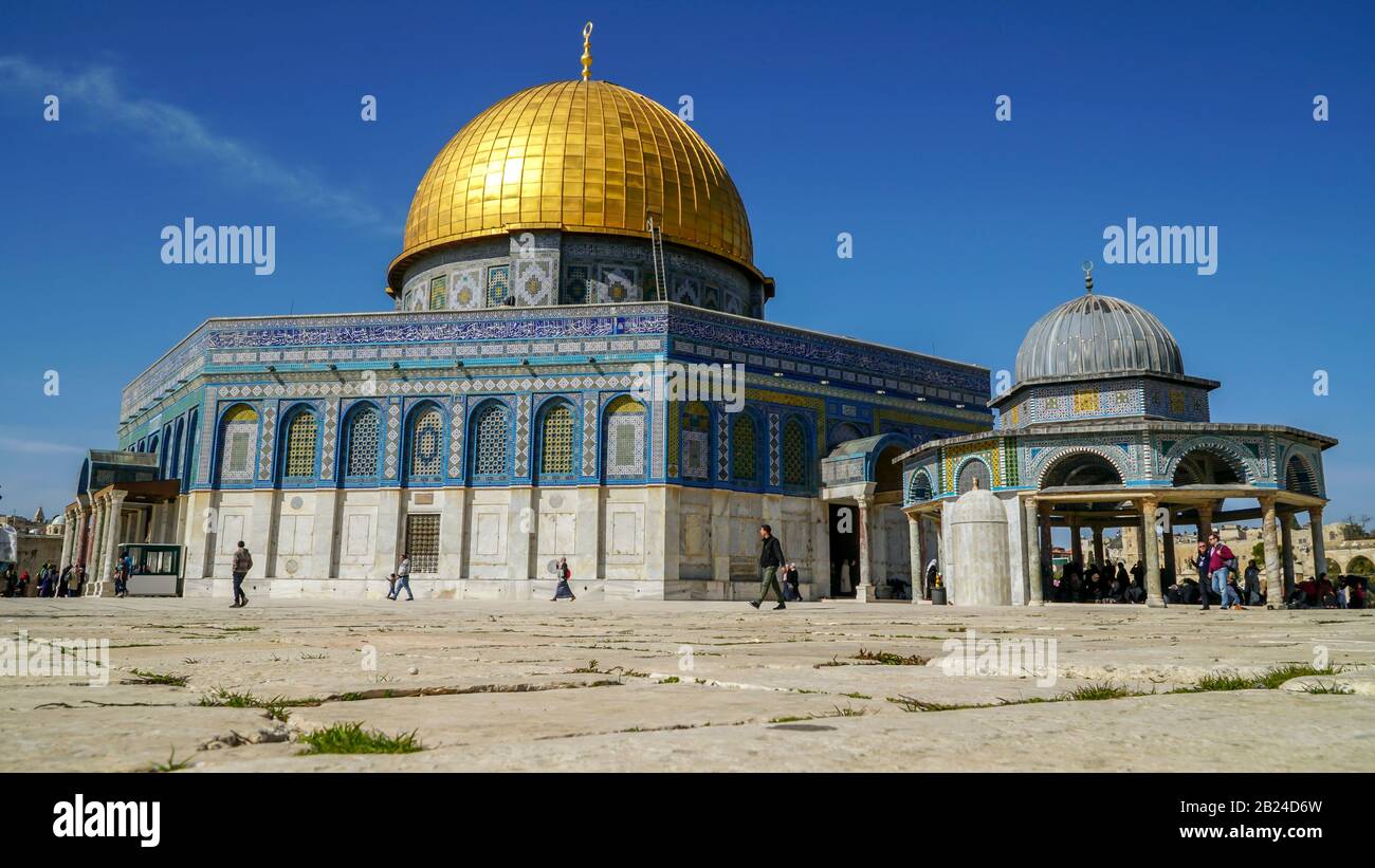JERUSALEM, ISRAEL - FEBRUARY 2, 2018: Dome of Rock or Qubbat Sakhra in Masjidil Aqsa compound is one of the sacred building for the Jews and Muslim in Stock Photo