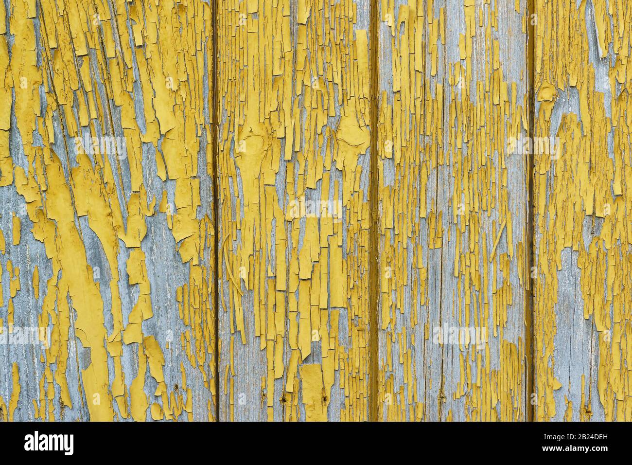 Background of an old wooden house with old yellow paint. Peeling paint ...