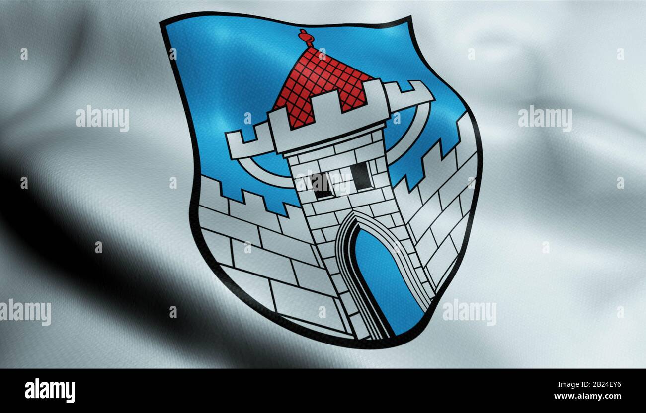 3D Illustration of a waving coat of arms flag of Bernstadt auf dem Eigen (Germany country) Stock Photo