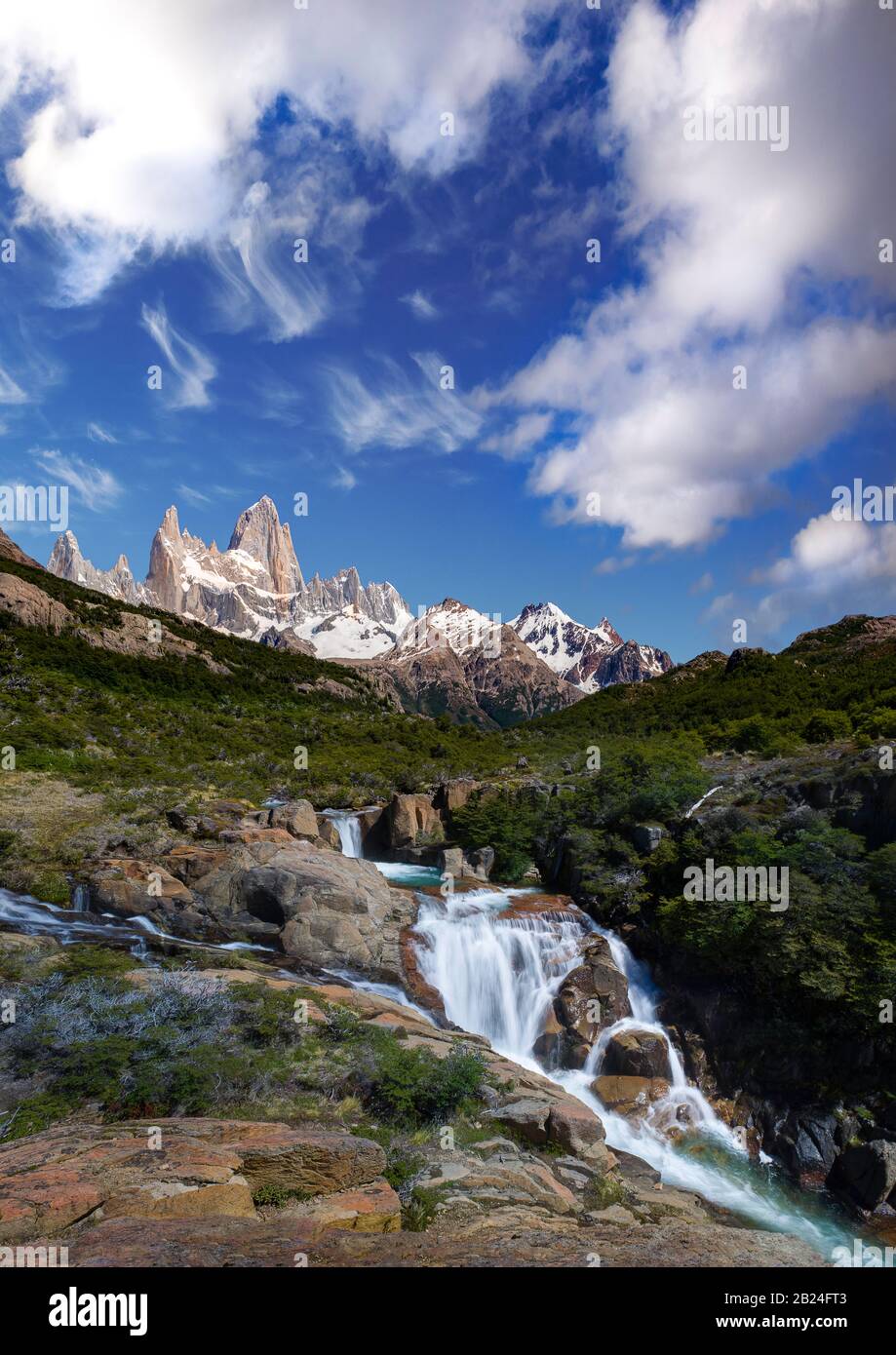 Sunny Day at hidden Waterfall with Mount Fitz Roy near El Chalten Stock Photo