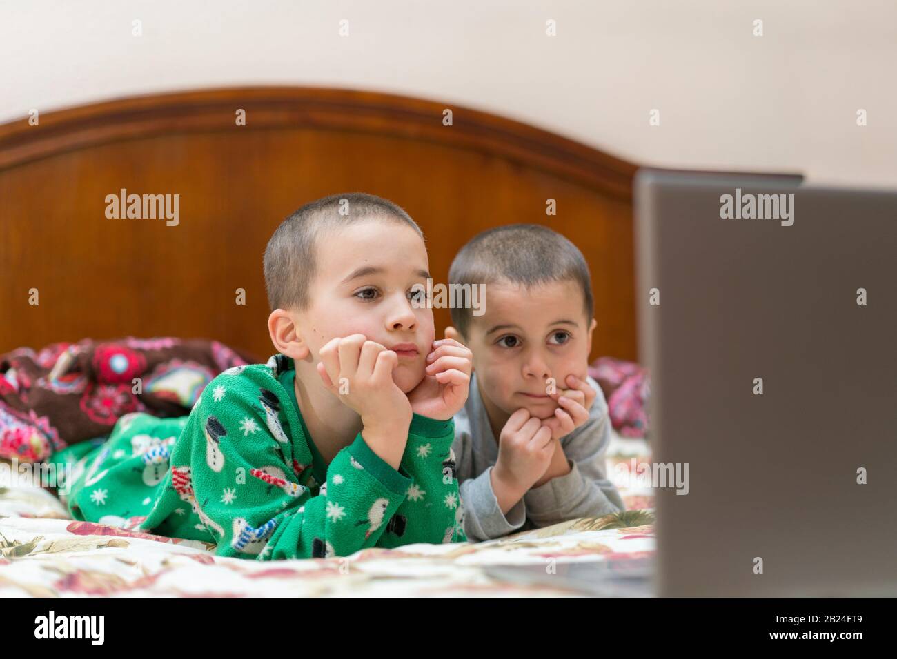 wo little brothers in pajamas are watching a cartoon on a laptop. Funny children enjoying cartoons on notebook, laptop or computer. No faces of people Stock Photo