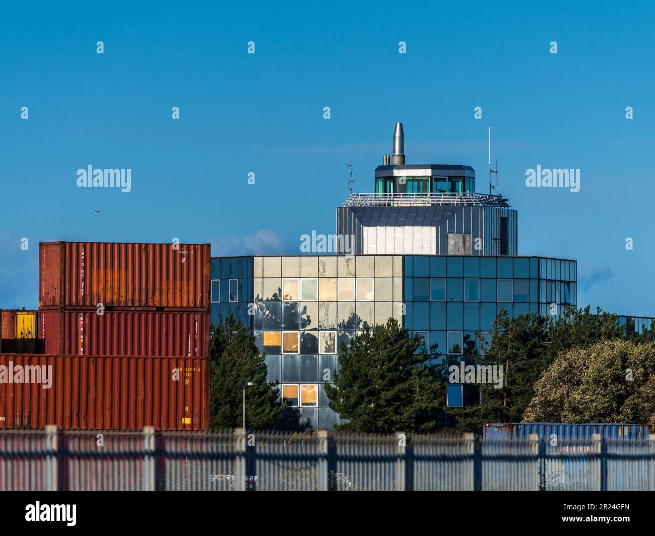 Custom House Port of Felixstowe overlooking the container port - HM Revenue and Customs offices at Felixstowe Port. HMRC Custom House Stock Photo