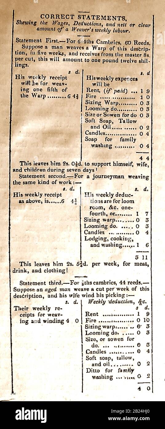 A weavers wages, deductions & outgoings  December 1816 (From the Liverpool Mercury U.K. ) Stock Photo