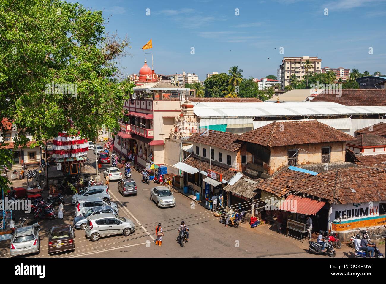 Mangalore street scene with a temple square view, Karnataka state, India. Top view. Stock Photo