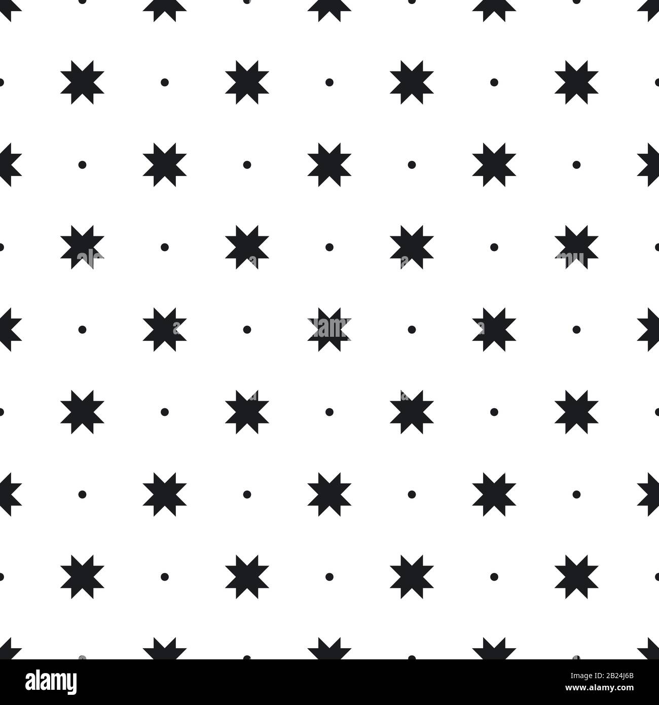 Seamlessly repeatable pattern with star figures and dots. Simple monochrome background. Black and white decorative design element for decoration, text Stock Vector