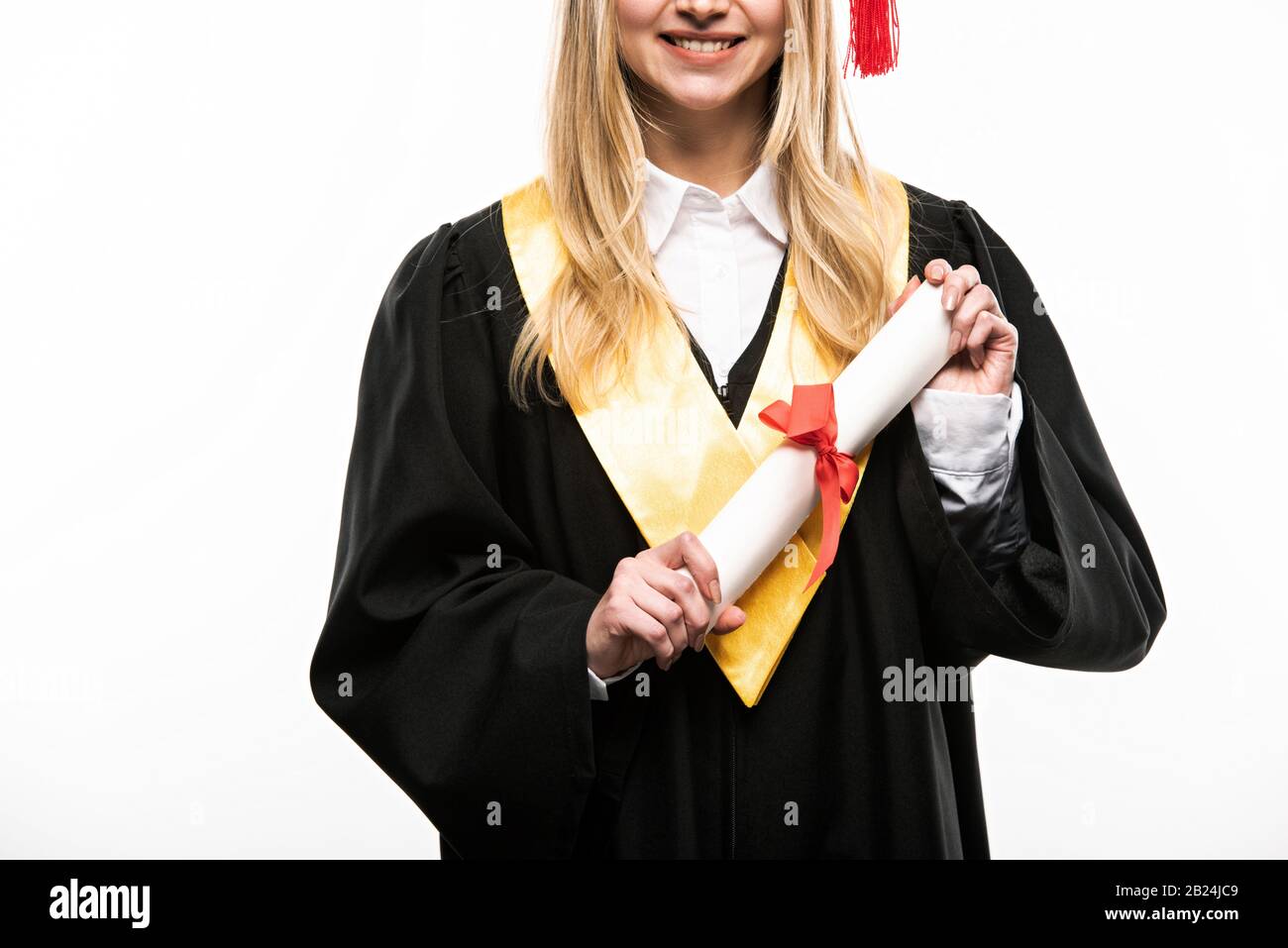 Front view of student holding diploma isolated on white Stock Photo - Alamy