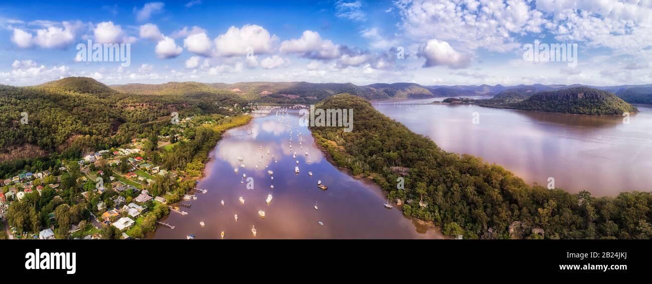 Hawkesbury river around Sydney with Long Island and small fishing villages on the coast with yachts and marinas. Stock Photo