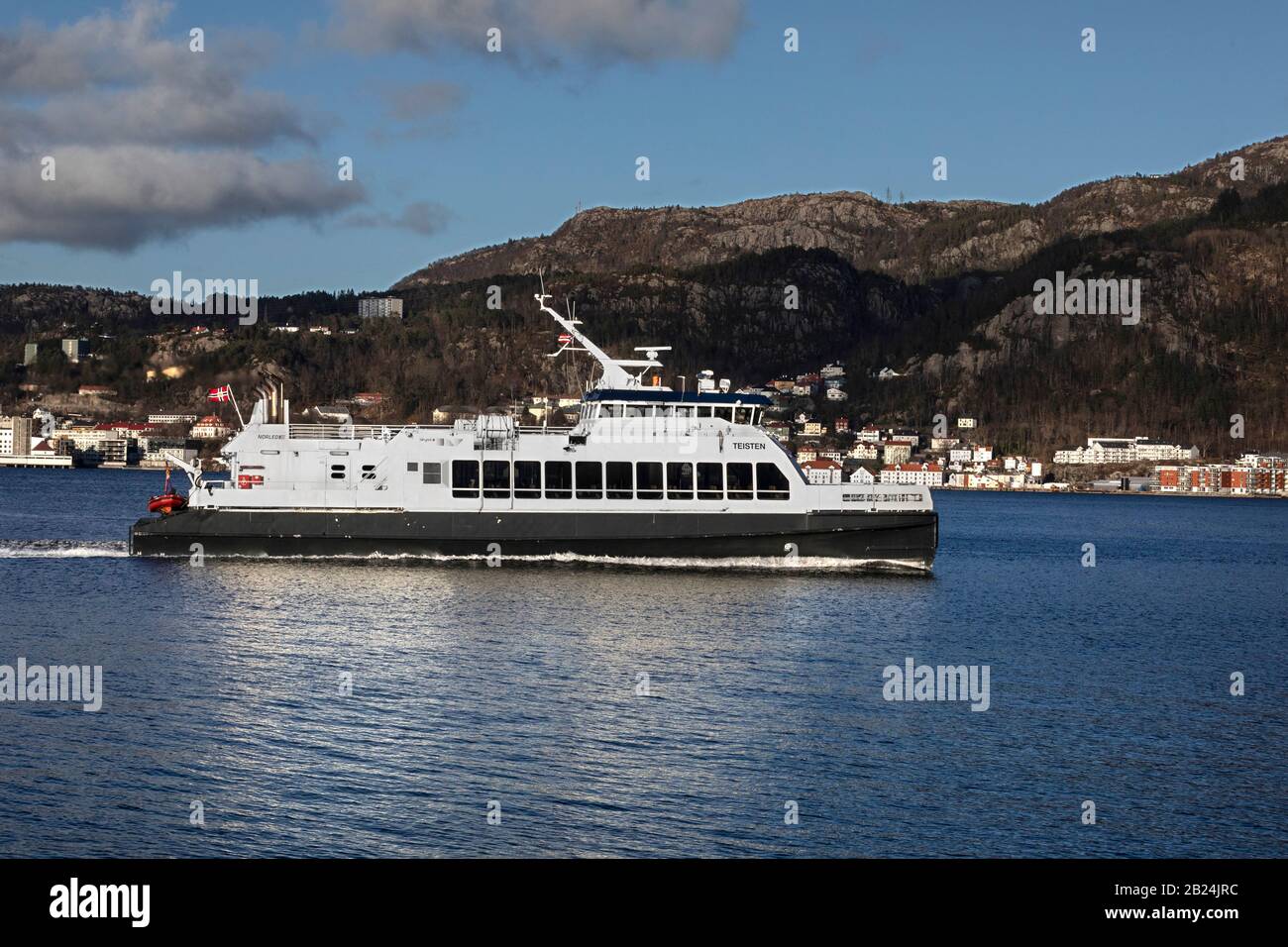 High speed passenger catamaran Teisten at Byfjorden, arriving into the port of Bergen, Norway Stock Photo