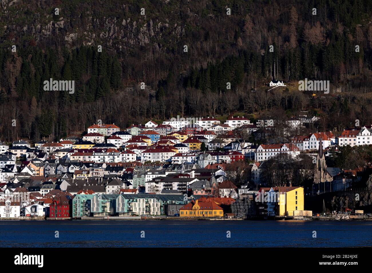 Homes and commercial buildings at Sandviken, close to the city center of  the port of Bergen, Norway Stock Photo