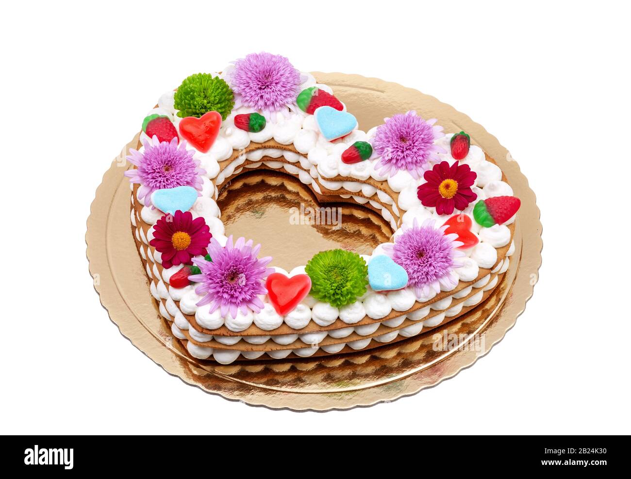 Valentine cake with the word love and flowers Stock Photo