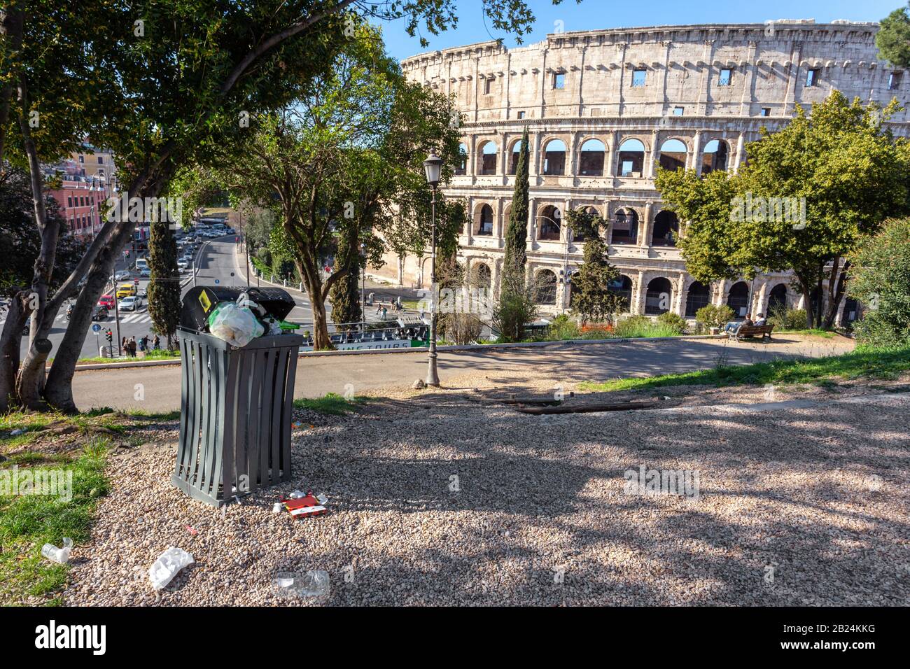 Accumulation of garbage in a park near the Coliseum. Italy, Rome ...