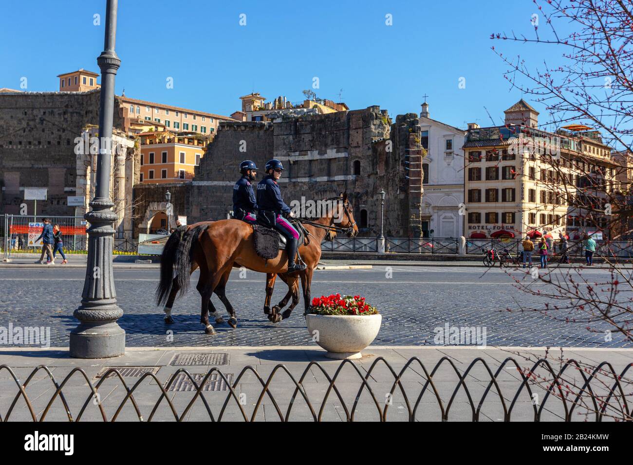 February 22, 2019, Rome. Police on horseback control the order. street near the Coliseum in Italy Stock Photo