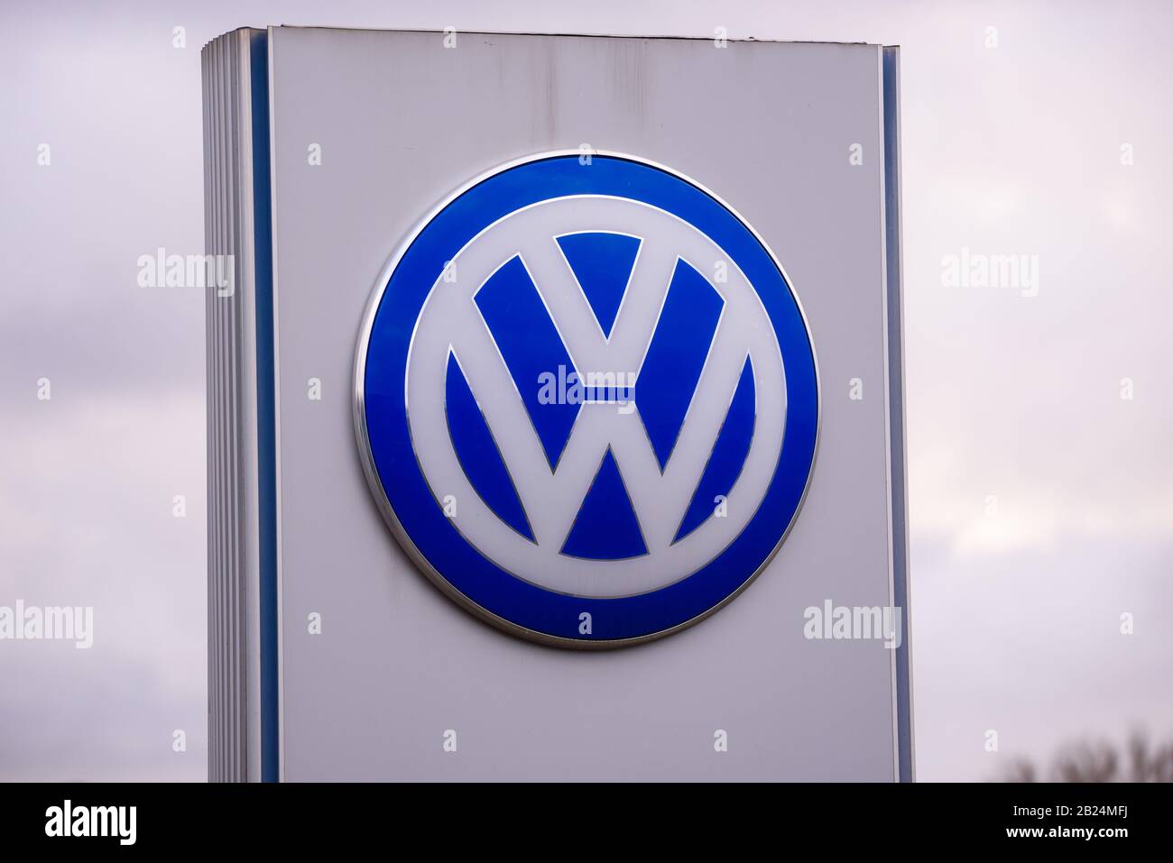 RIGA, LATVIA. 22nd January 2020. Volkswagen company logo near automobile centre. Volkswagen Group, is a German multinational automotive manufacturing Stock Photo