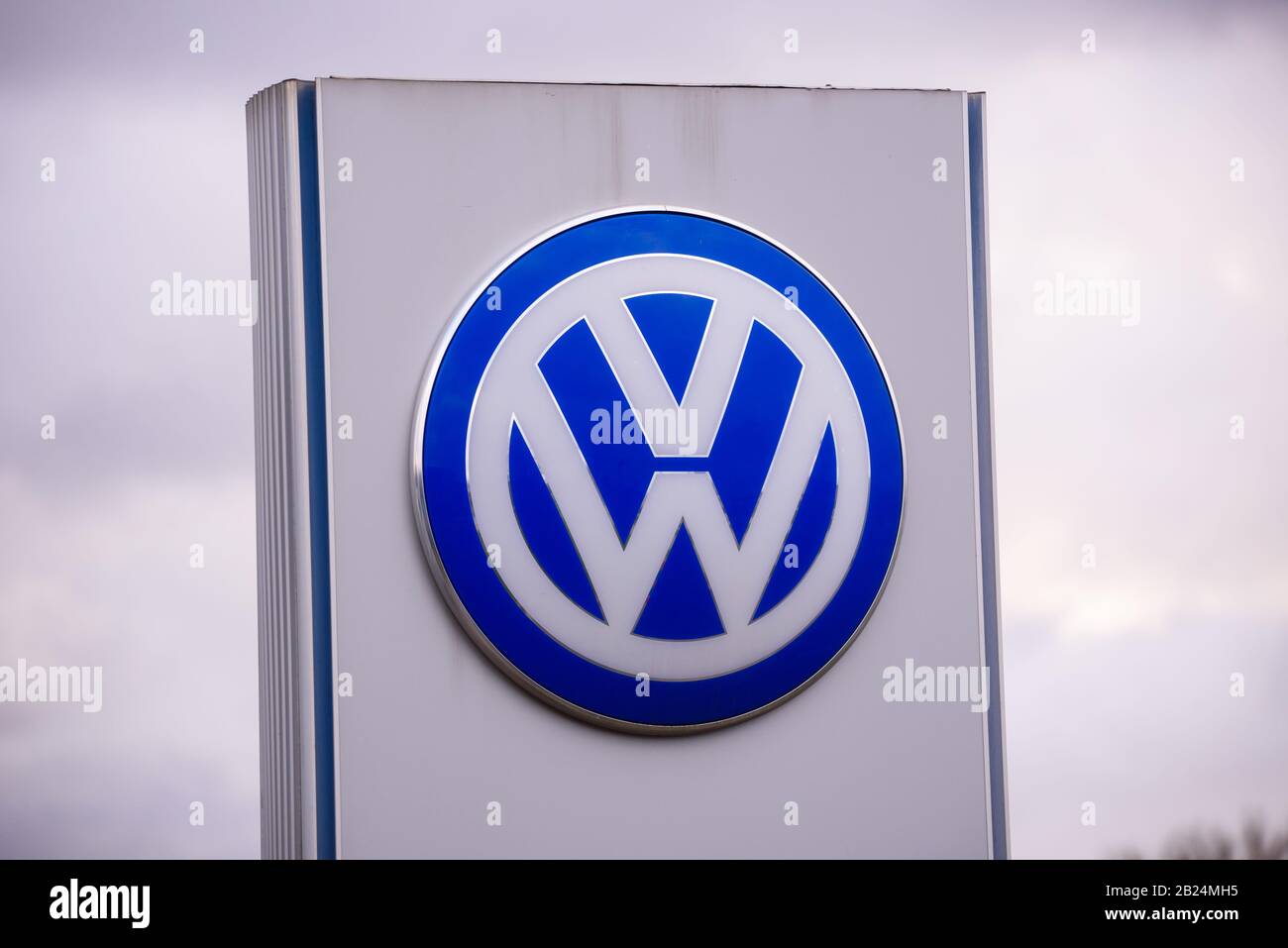 RIGA, LATVIA. 22nd January 2020. Volkswagen company logo near automobile centre. Volkswagen Group, is a German multinational automotive manufacturing Stock Photo