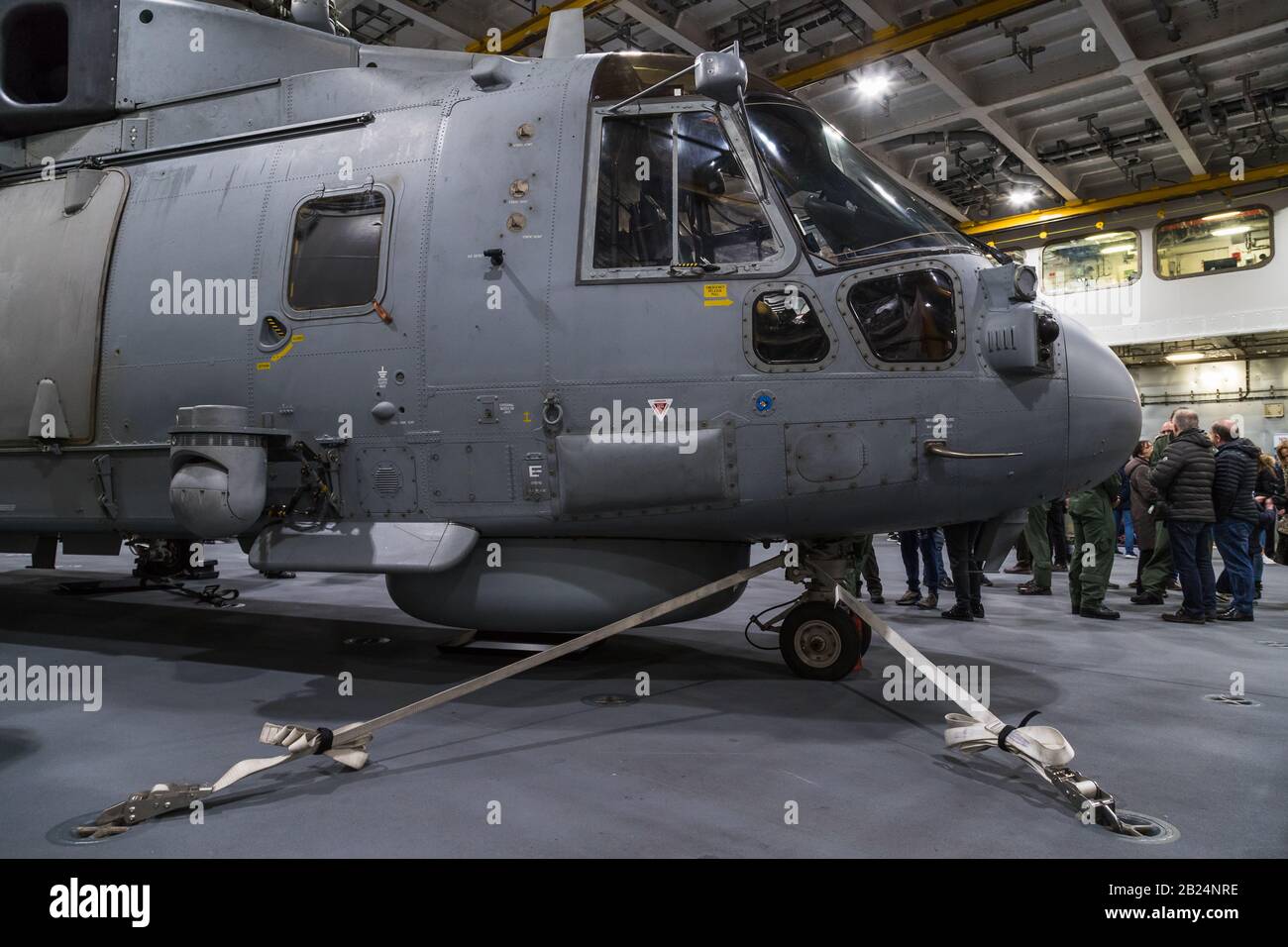 Royal Navy Merlin tied town in a hanger on board HMS Prince of Wales on 29 February 2020 in Liverpool. Stock Photo