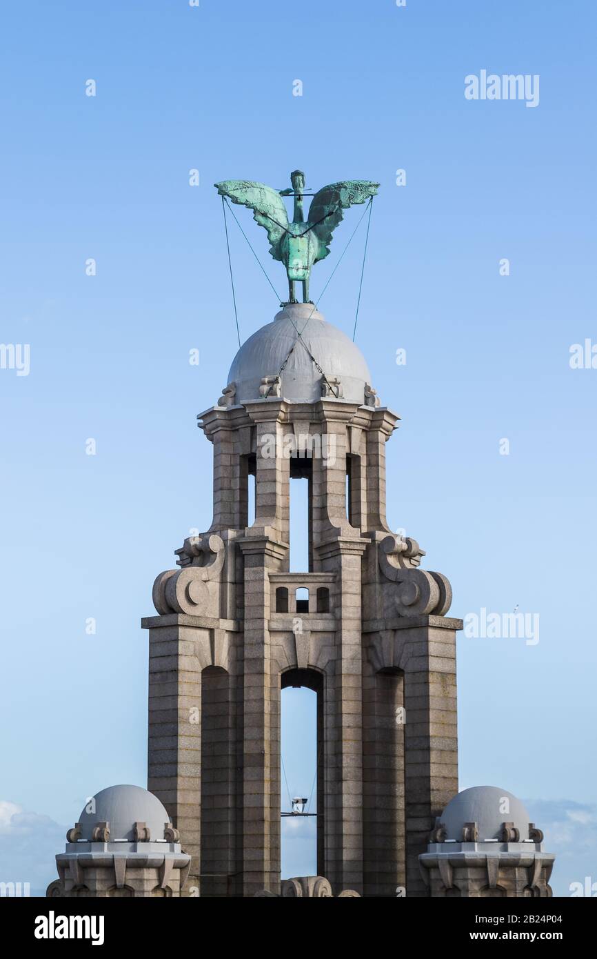 Liver Bird on the Royal Liver Bulding in Liverpool facing towards the land. Stock Photo