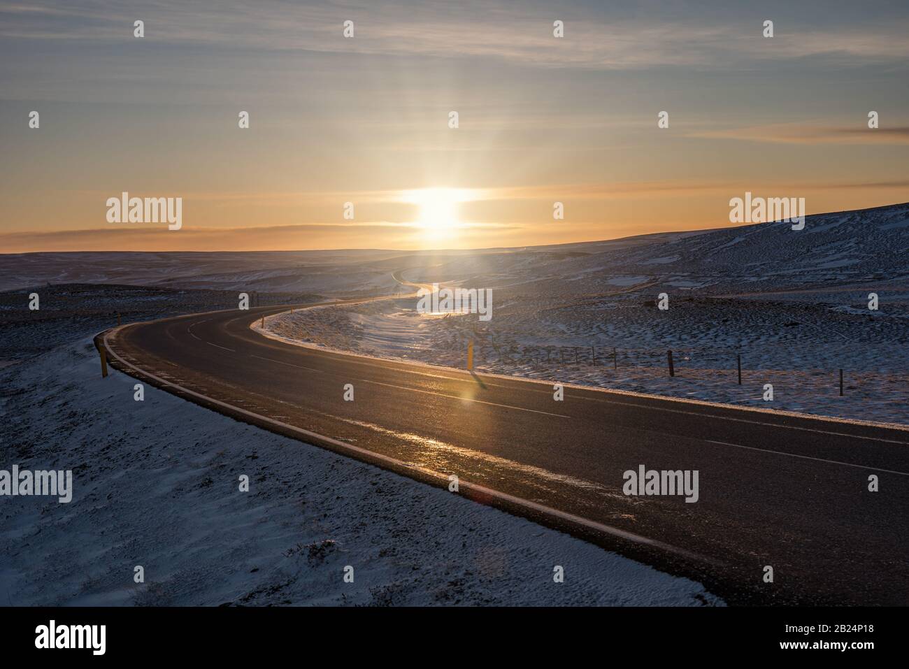 Iceland road in the winter sunset Stock Photo