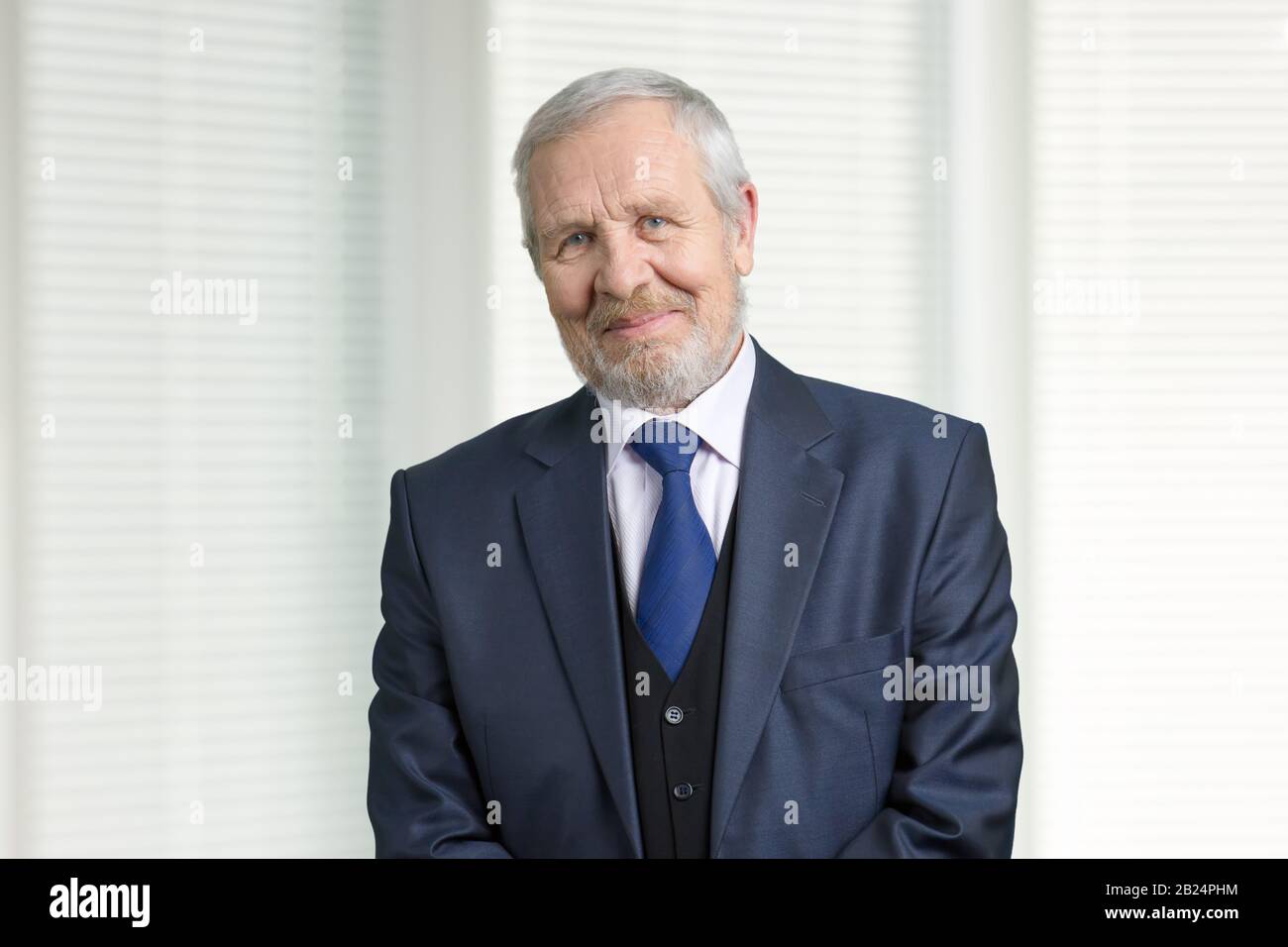 Smiling old man in suit portrait. Stock Photo