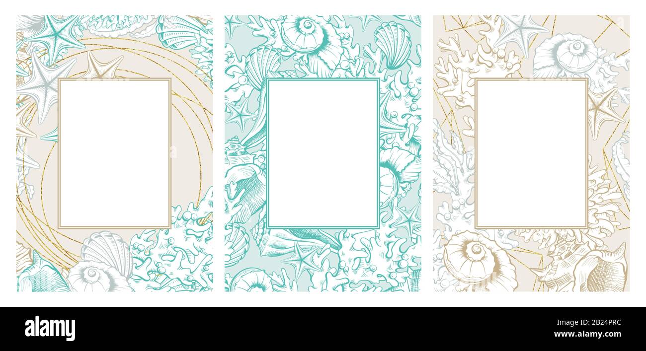 Vertical Frames Set with Gold and Turquoise Seashells. Isolated vector posters with contour drawing sea shells for wedding design, stories templates and gift cards, cosmetic packaging badges. Stock Vector