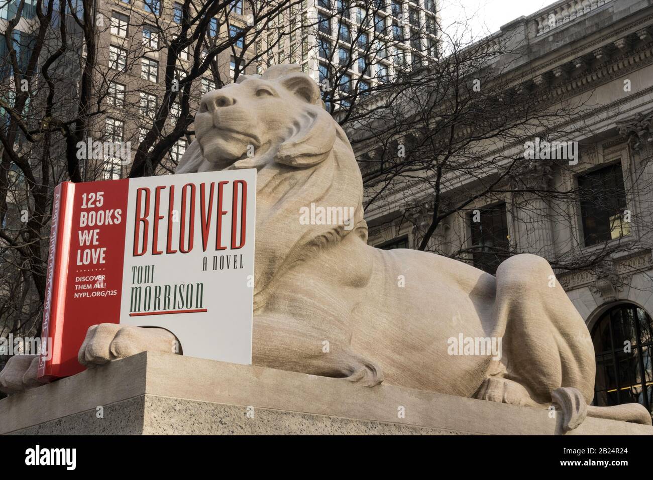 Lion Statue with Book Celebrates 125 Years, New York Public Library, Main Branch, NYC Stock Photo