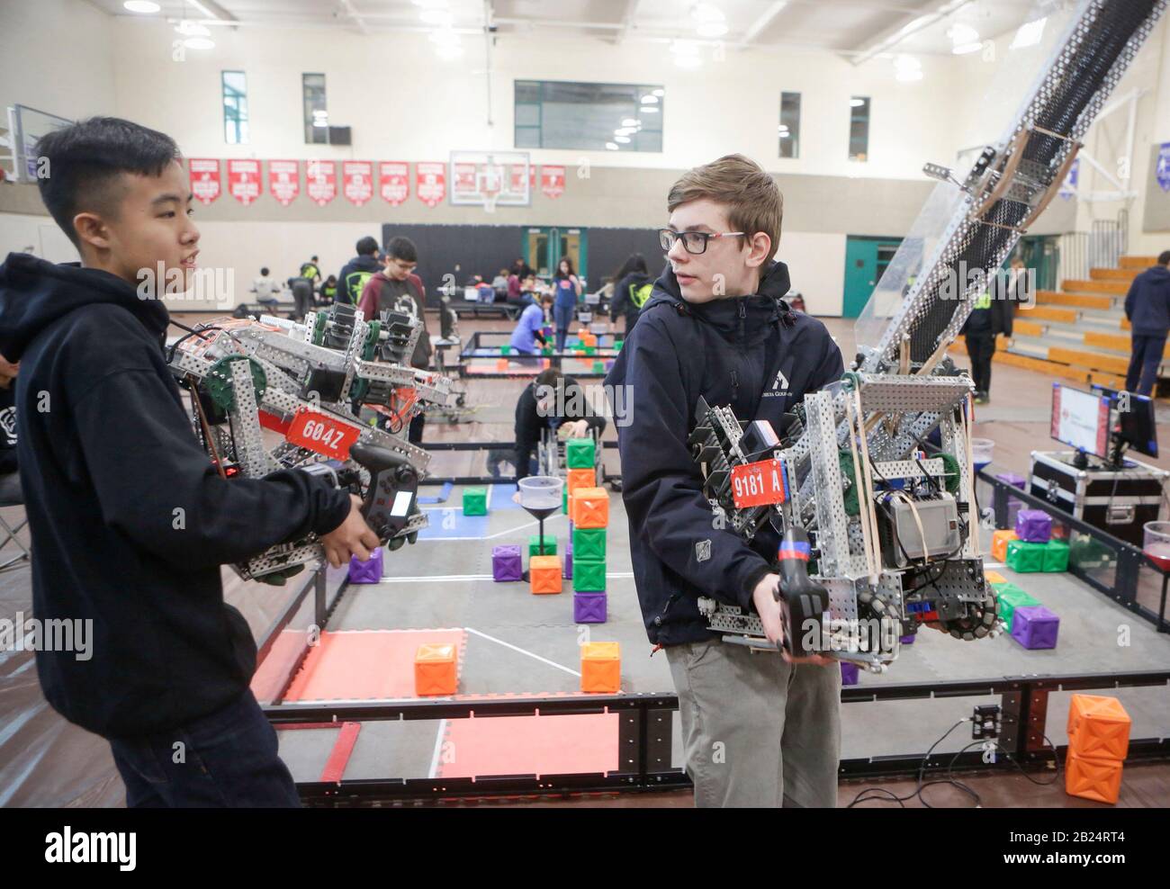 Vancouver, Canada. 29th Feb, 2020. Contestants bring their to the match field during the regional competition in Vancouver, Canada, on Feb. 29, 2020. of high school students teamed