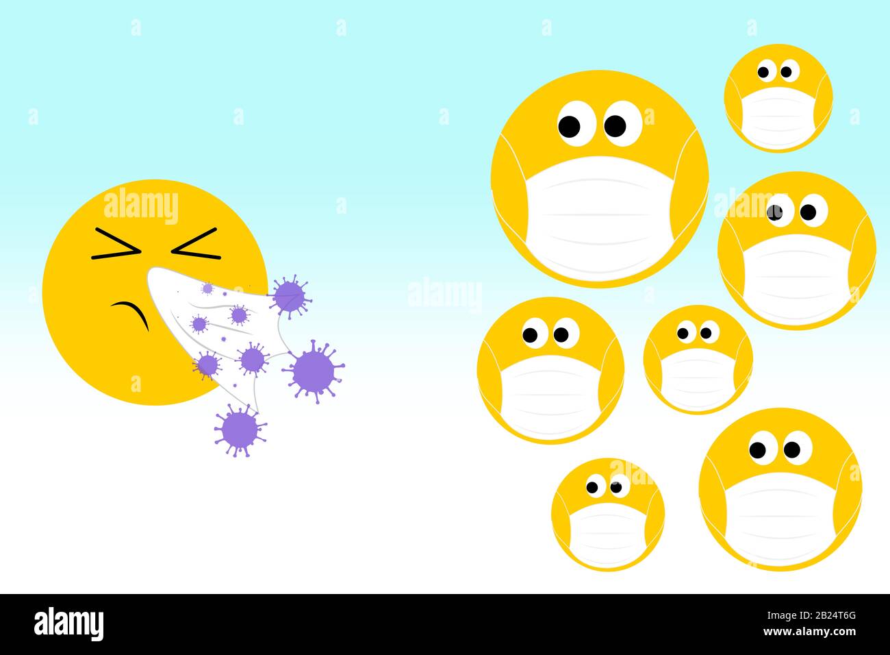 sneezing emoji with virus and community worried with face masks looking on, spread of flu, virus, coronavirus covid19 concept. Banner with copy space Stock Photo