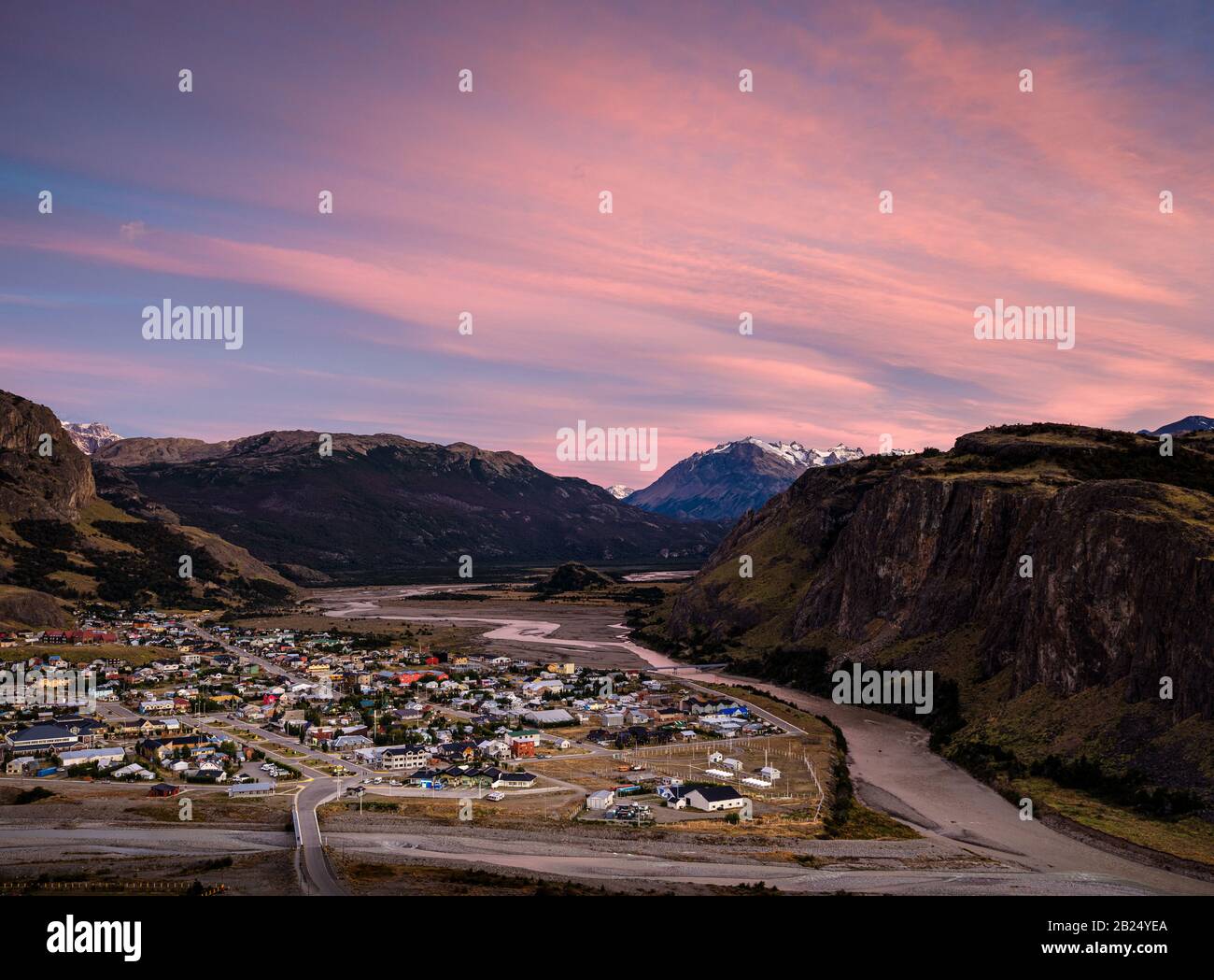 NATIONAL PARK LOS GLACIARES, ARGENTINA - CIRCA FEBRUARY 2019: Panoramic view of El Chalten in National Park los Glaciares in Argentina. Stock Photo