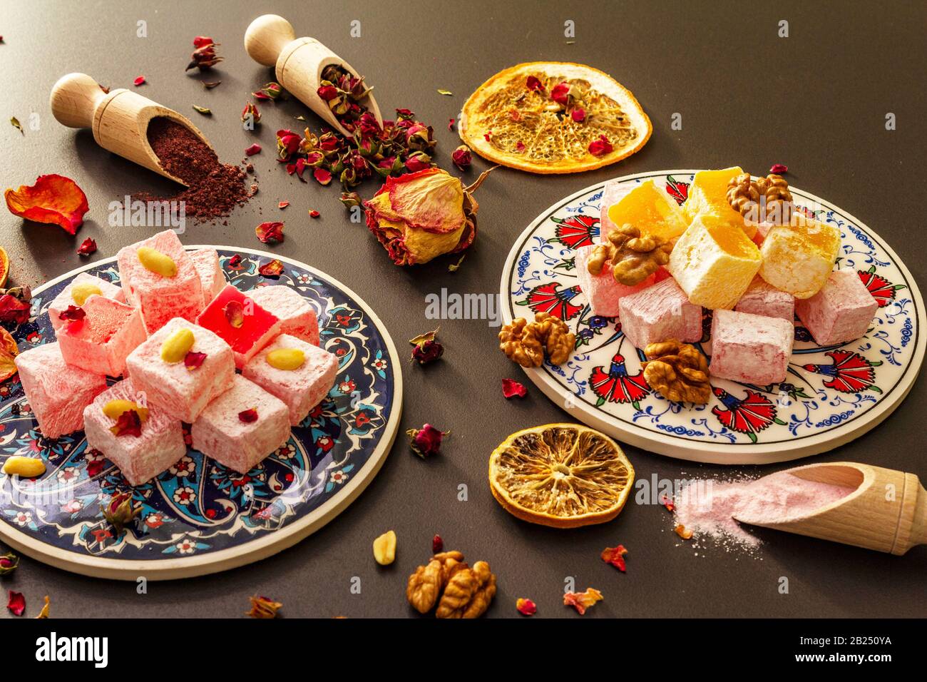 Eastern sweets. Traditional Turkish delight Rahat lukum with rose and