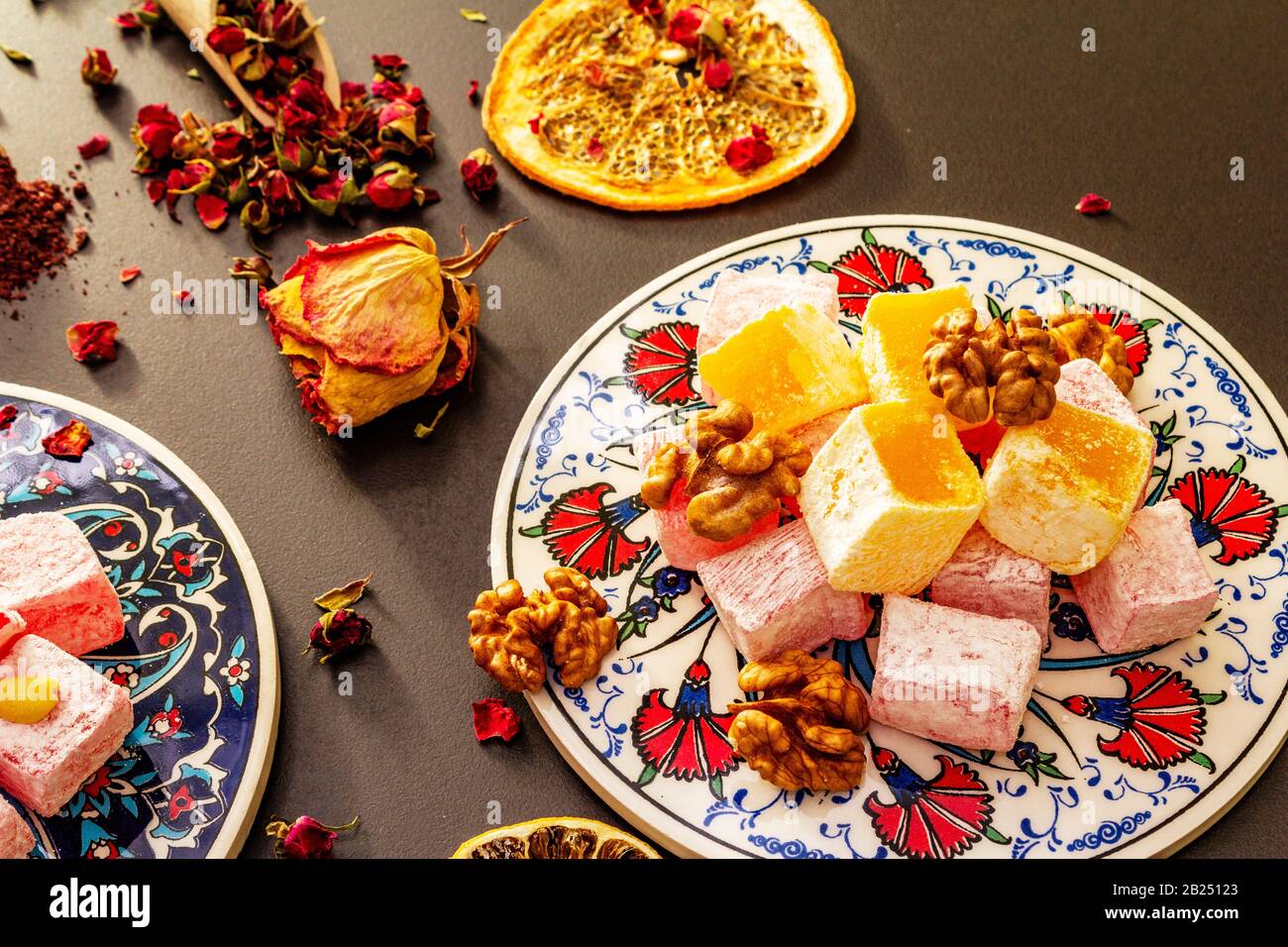 Eastern sweets. Traditional Turkish delight Rahat lukum with rose and