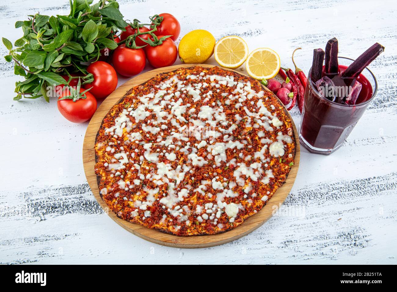 Turkish food cheese lahmacun and wood background Stock Photo