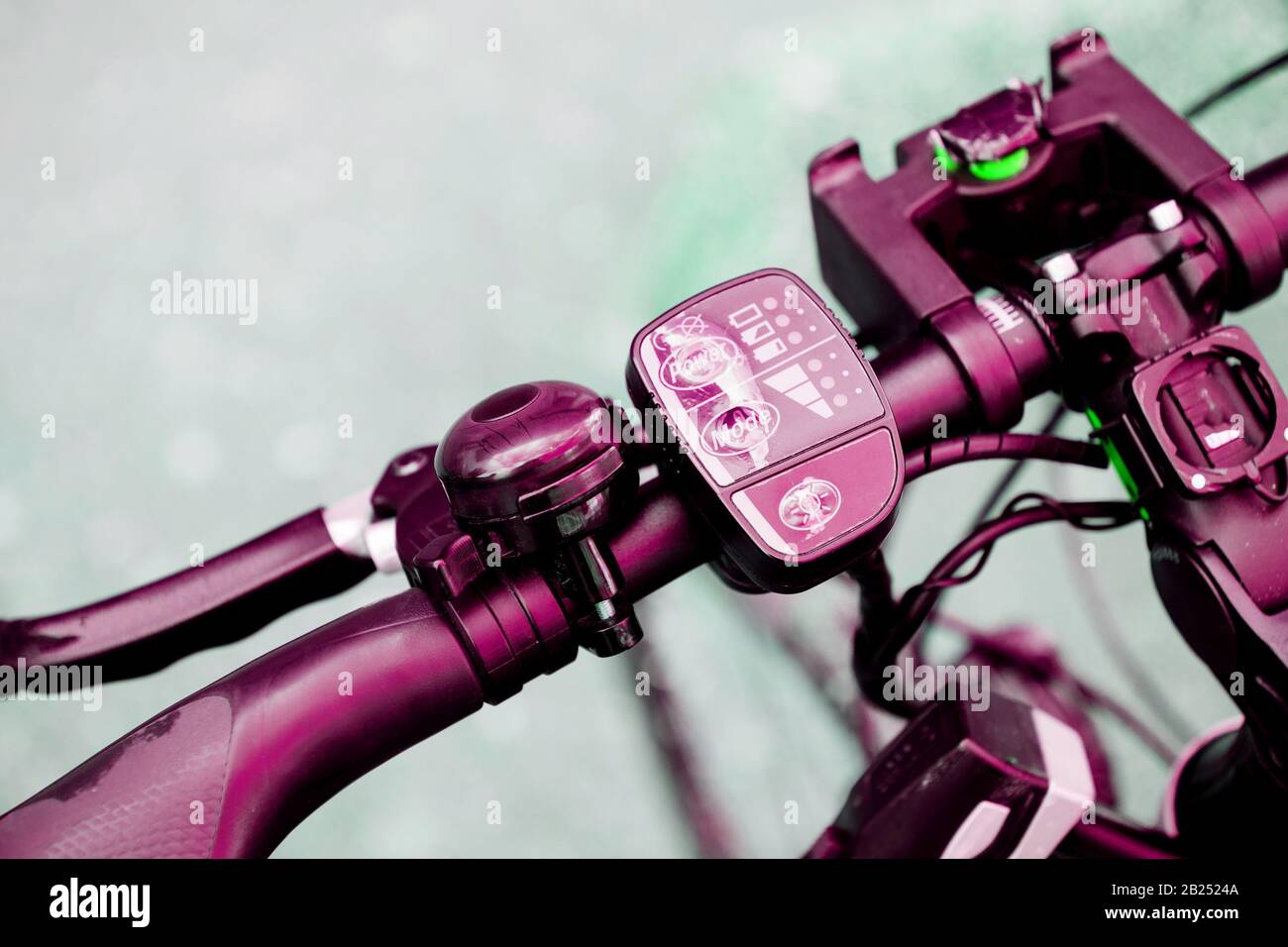 Detail of the steering wheel of a modern electric bicycle with speed