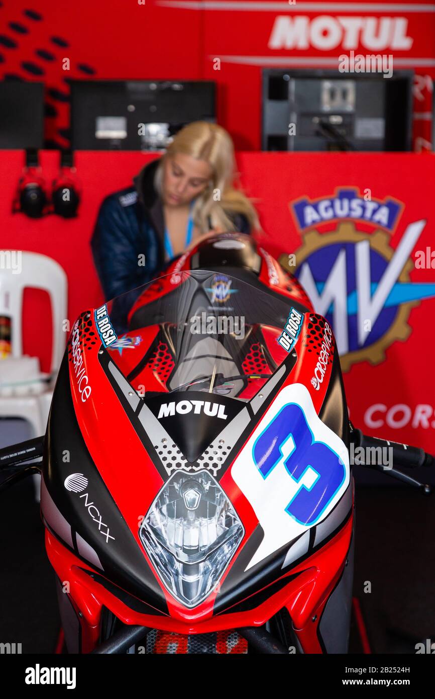 Melbourne, Australia, 1 March, 2020. MV Augusta Reparto Corse rider Raffaele  De Rosa (3) garage during