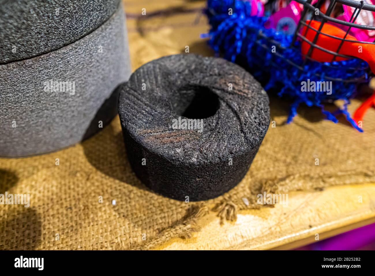 Chocolate grinding stone for Mexican-Style American Craft Chocolate Stock Photo