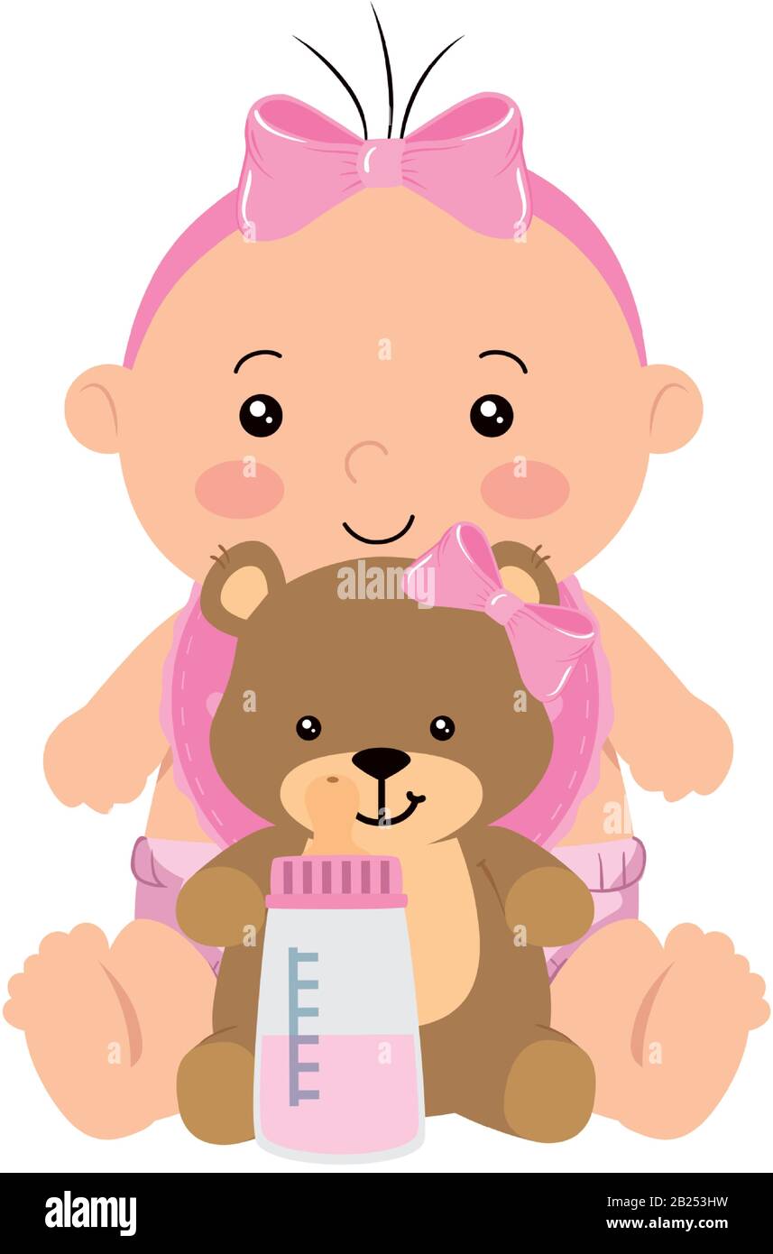 cute little baby girl with teddy bear and bottle milk Stock Vector ...
